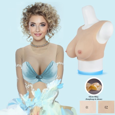 Buste faux seins silicone, encolure ronde, bonnet C