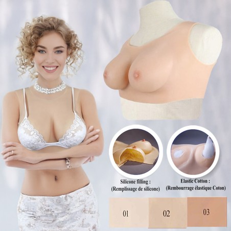Buste faux seins silicone, encolure ronde, Bonnet B